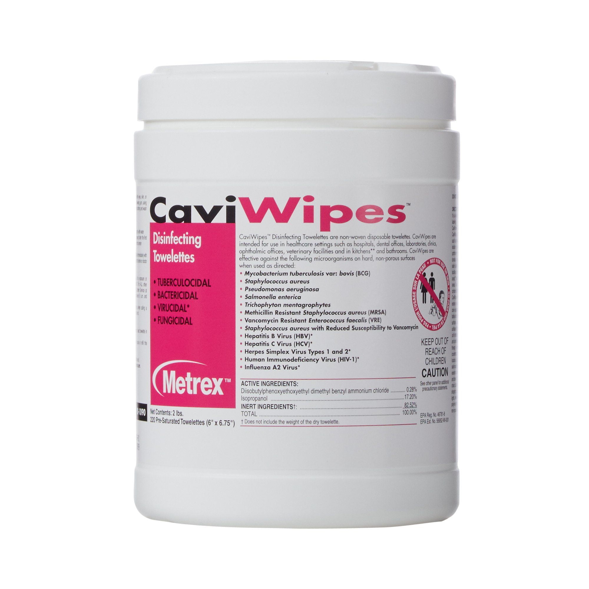 Metrex CaviWipes Surface Disinfectant Alcohol-Based Wipes, Non-Sterile, Disposable, Alcohol Scent, Canister, 6 X 6.75 Inch (CS/12)