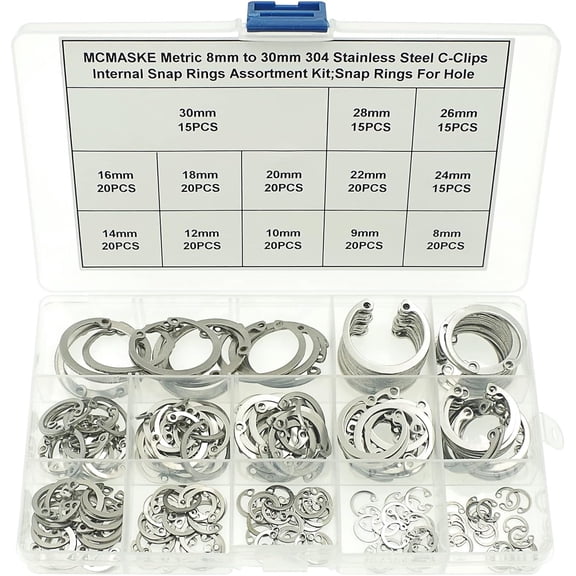 Metric 304 Stainless Steel 8MM-30MM C-Clips Internal Snap Rings Assortment Kit;Retaining Rings For Hole