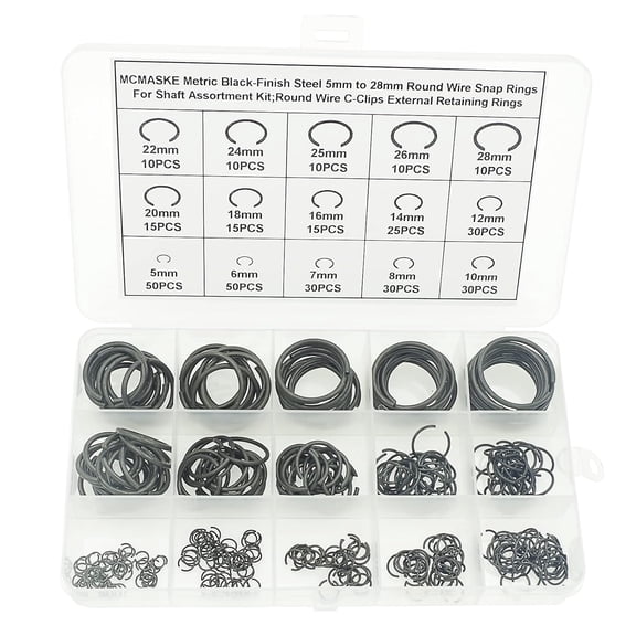 Metric 5mm to 28mm Round Wire C-Clips External Retaining Rings Assortment Kit;Round Wire Snap Rings for Shaft(Black-Finish Steel