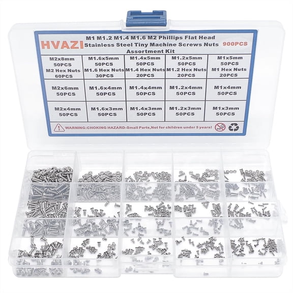 Metric 900PCS Metric M1 M1.2 M1.4 M1.6 M2 Phillips Countersunk/Flat Head Stainless Steel Tiny Machine Screws Nuts Assortment Kit