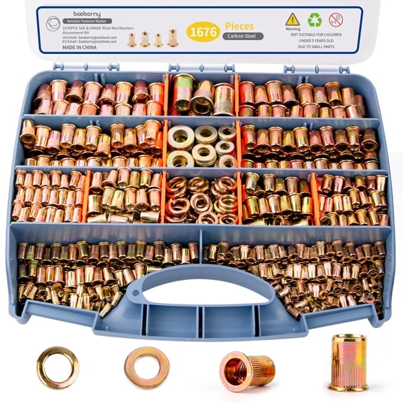 Rivet Nut Kit Heavy Duty Rivet Nuts, Yellow Zinc Plating for Outdoor, Durable Storage Case (M3 M4 M5 M6 M8 M10 M12-1676PCS)