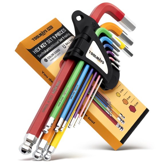 Metric Hex Key Set 9-Piece, Long Arm Ball End Allen Wrench Set 1.5-10mm, S2 Steel 62HRC Color-Coded Anti-Slip Keys for Furniture Assembly, Bike Repair, Automotive – Hangable Case