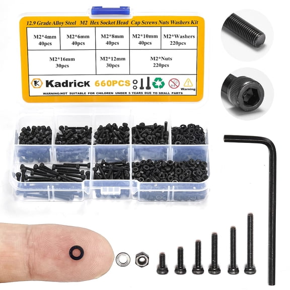Metric Screw Assortment, 2000PCS Metric Bolt Assortment Kit M2 M3 M4 M5 Machine Screws with Lock & Flat Washers, Grade 10.9 Alloy Steel Hex Socket Button Head Black Screws Nuts and Bolts Kit