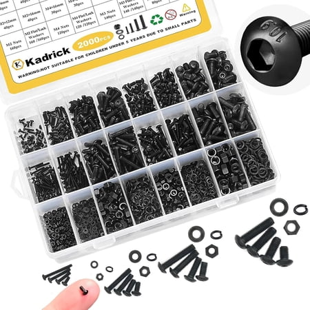 Metric Screw Assortment, 2000PCS Metric Bolt Assortment Kit M2 M3 M4 M5 Machine Screws with Lock & Flat Washers, Grade 10.9 Alloy Steel Hex Socket Button Head Black Screws Nuts and Bolts Kit