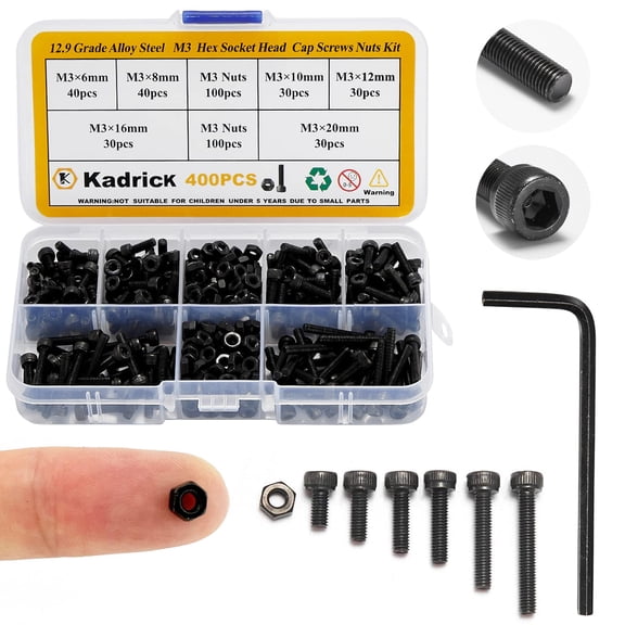 Metric Screw Assortment, 2000PCS Metric Bolt Assortment Kit M2 M3 M4 M5 Machine Screws with Lock & Flat Washers, Grade 10.9 Alloy Steel Hex Socket Button Head Black Screws Nuts and Bolts Kit