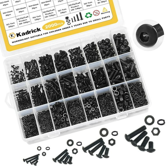 Metric Screw Assortment, 2000PCS Metric Bolt Assortment Kit M2 M3 M4 M5 Machine Screws with Lock & Flat Washers, Grade 10.9 Alloy Steel Hex Socket Button Head Black Screws Nuts and Bolts Kit