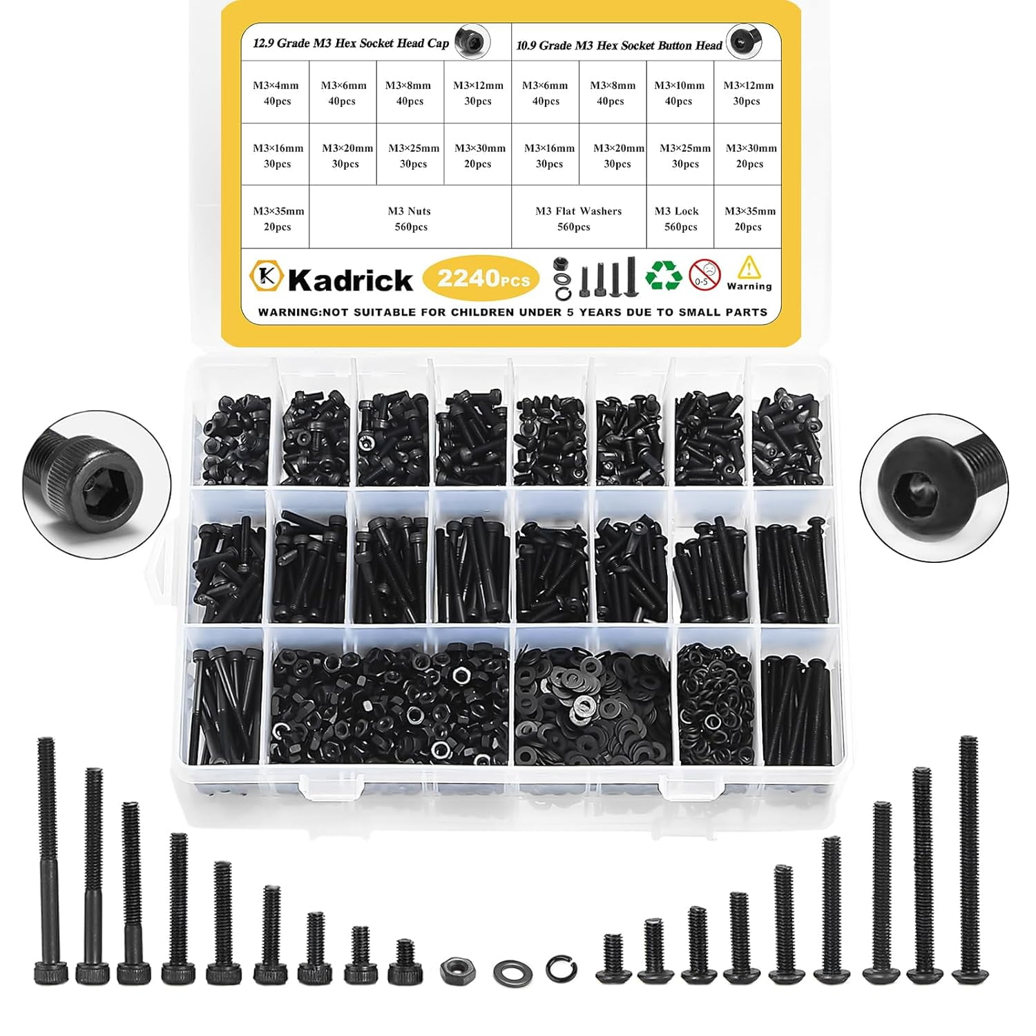 DTGN 125-Piece M3 Button Head Socket Screw Kit - 8/10/12/16/20mm, Black Oxide Carbon Steel