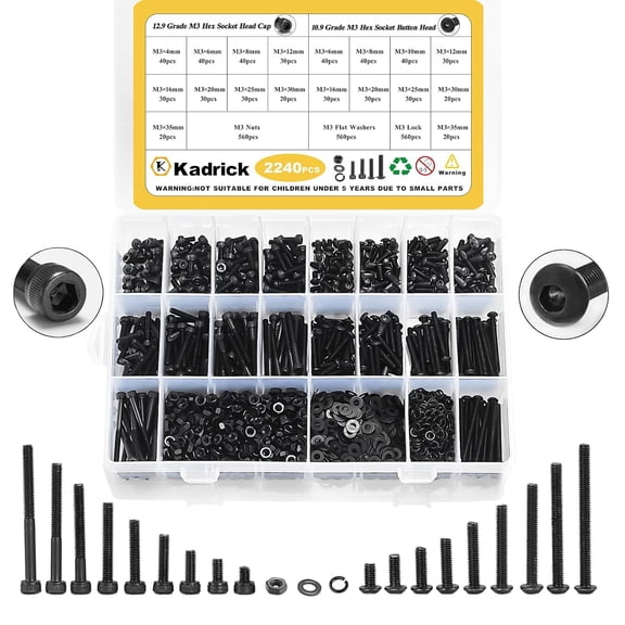Metric Screws Assortment,2240 Pcs M3 Screws Nuts Washers Assortment M3x4MM-35MM, Hex Socket Button & Cap Head M3 Machine Bolts Kit, 12.9 & 10.9 Grade Black Alloy Steel for 3D Printing
