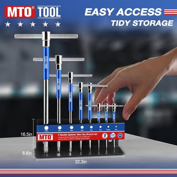 Metric T-Handle Spinner Allen Key Wrench Set, 8-Piece 2-10mm, 3-Way Sliding Handle & Spinning Sleeve, CR-V Steel Hex Wrench with Storage Rack for Motorcycle, Car,