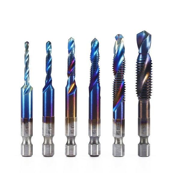 Metric Tap and Drill Bit Set Combination HSS Blue Coating Twist Drill Tap Combination Bit Set 6PCS with 1/4 Hex Shank Spiral Flute