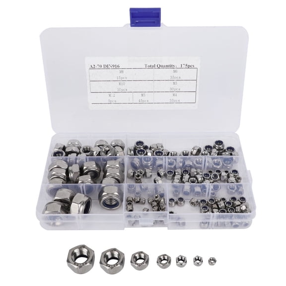 Metric Threaded Nutser 304 Stainless Steel Self Locking Nuts M3 M4 M5 M6 M8 M10 M12 Hex Nuts Fasteners Kit[175pcs]