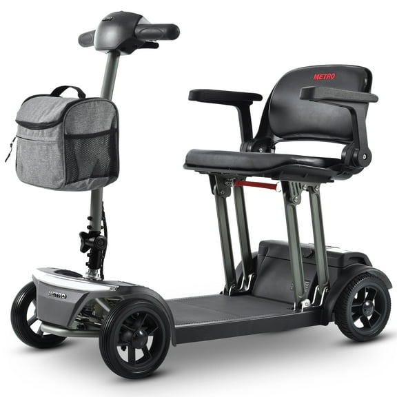 Metro AIR TRAVELLER 4-Wheel Folding Electric Powered Scooter for 15 Miles Long Travel Range, With USB charger port, Storage Bag, LED Lights, Airline Approved, Grey