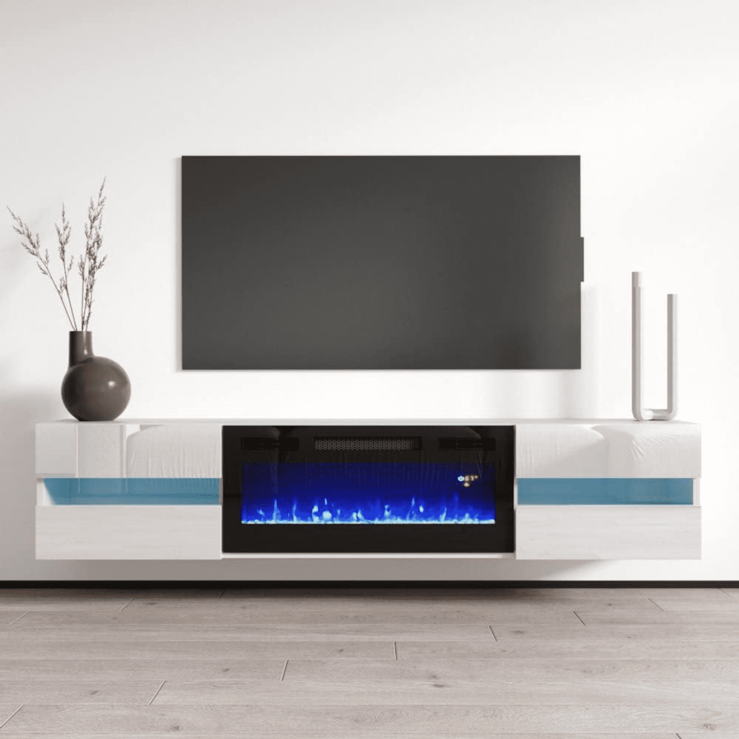 Metro BL-EF Floating Fireplace TV Stand for TVs up to 80" Modern High Gloss 72" Entertainment ...