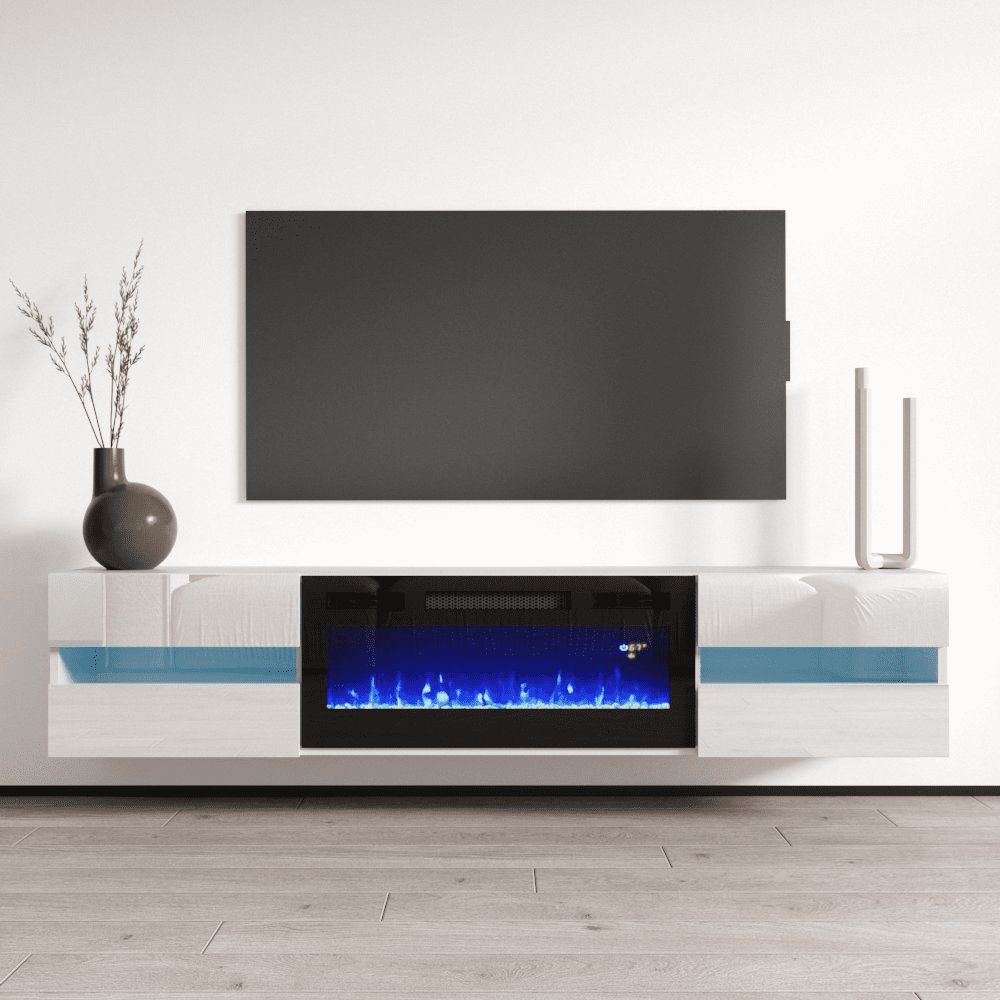 "Metro Floating Fireplace TV Stand for 80"" TVs with LED Fire Lights ...