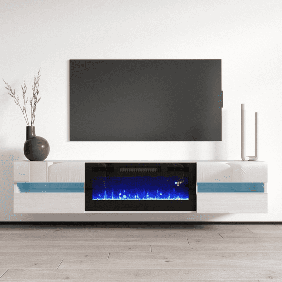 Metro BL-EF Floating Fireplace TV Stand for TVs up to 80", Modern High Gloss 72" Entertainment Center, Wall Mounted Electric Fireplace TV Media Console with Storage Cabinets