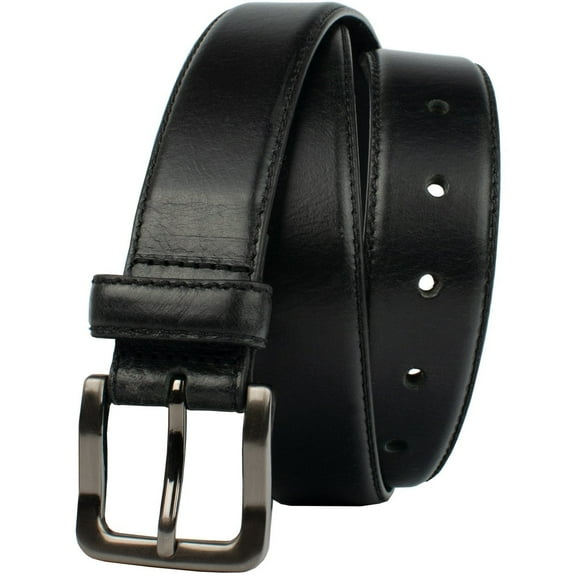 Metro Black Leather Belt by Nickel Zero® - Classic Style Nickel Free Belt featuring Nickel Free Buckle and Slightly Domed Full Grain Leather Strap. 1⅜ inches or 35 mm Wide Strap with Stitched Edges.