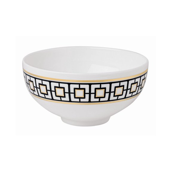 Metro Chic Medium Rice Bowl - Black and Gold Geometric Design, Premium Bone Porcelain, Dishwasher Safe