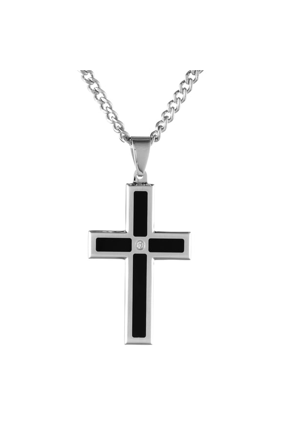 Metro Jewelry 0.02 Diamond Black Ion Plated Stainless Steel Two Tone Cross Pendant - 24 Inch Cable Chain
