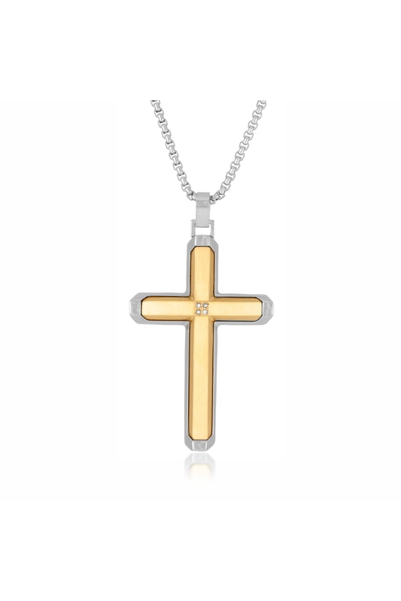 0.03 Carat Diamond Cross Pendant Necklace for Men in Stainless Steel with Yellow Gold Ion Plating on 24 Inches Long Box Chain