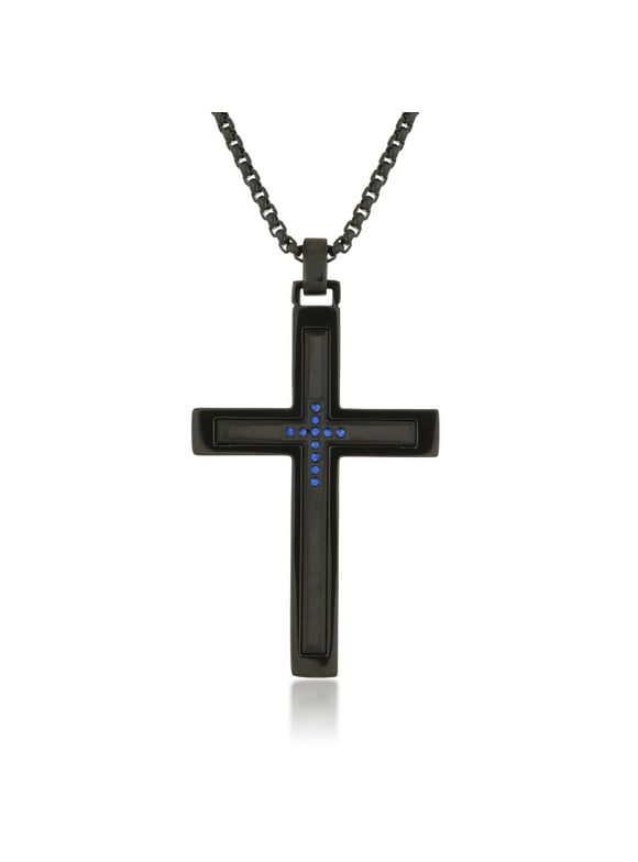 Metro Jewelry 0.06 Carat Blue Diamond Cross Pendant Necklace in Stainless Steel with Black Ion Plating on 24 Inches Long Box Chain