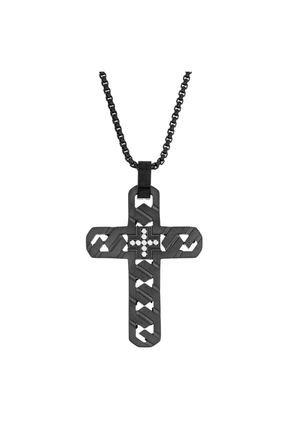 0.09 Carat Round Cubic Zirconia Carved Modern Cross Pendant Necklace for Men in Stainless Steel with Black Ion Plating on 24 Inches Long Box Chain