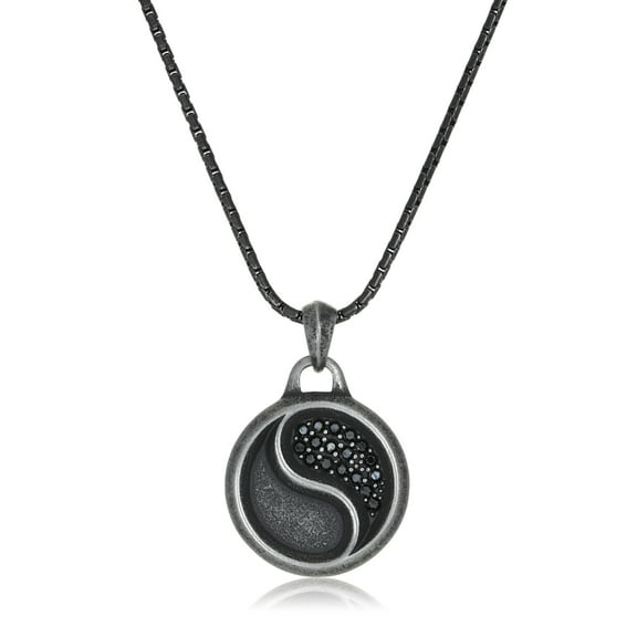 Metro Jewelry 0.85 Carat Black Cubic Zirconia Round Ying Yang Medallion Pendant Necklace in Stainless Steel with Black Ion Plating 24 Inches Box Chain Lobster Claw