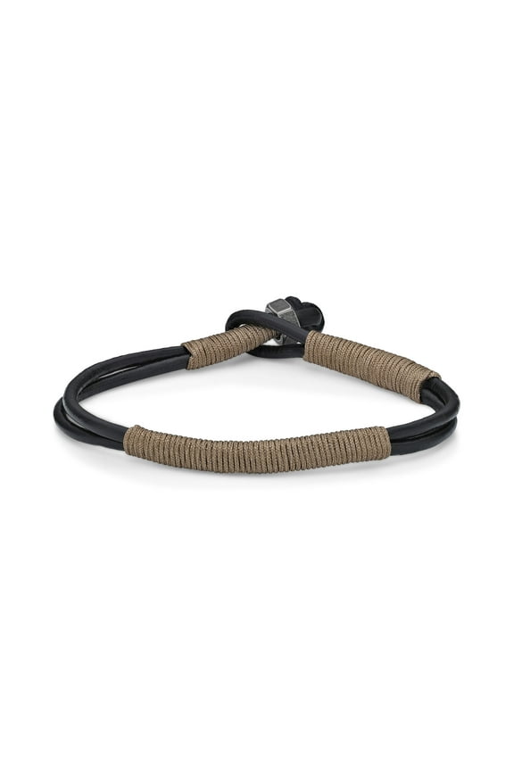 8.5 Inches Long Beige Cord Wrapped Bracelet for Men with Thin Smooth Dual Band Genuine Leather 6 mm Wide Specialty Lock