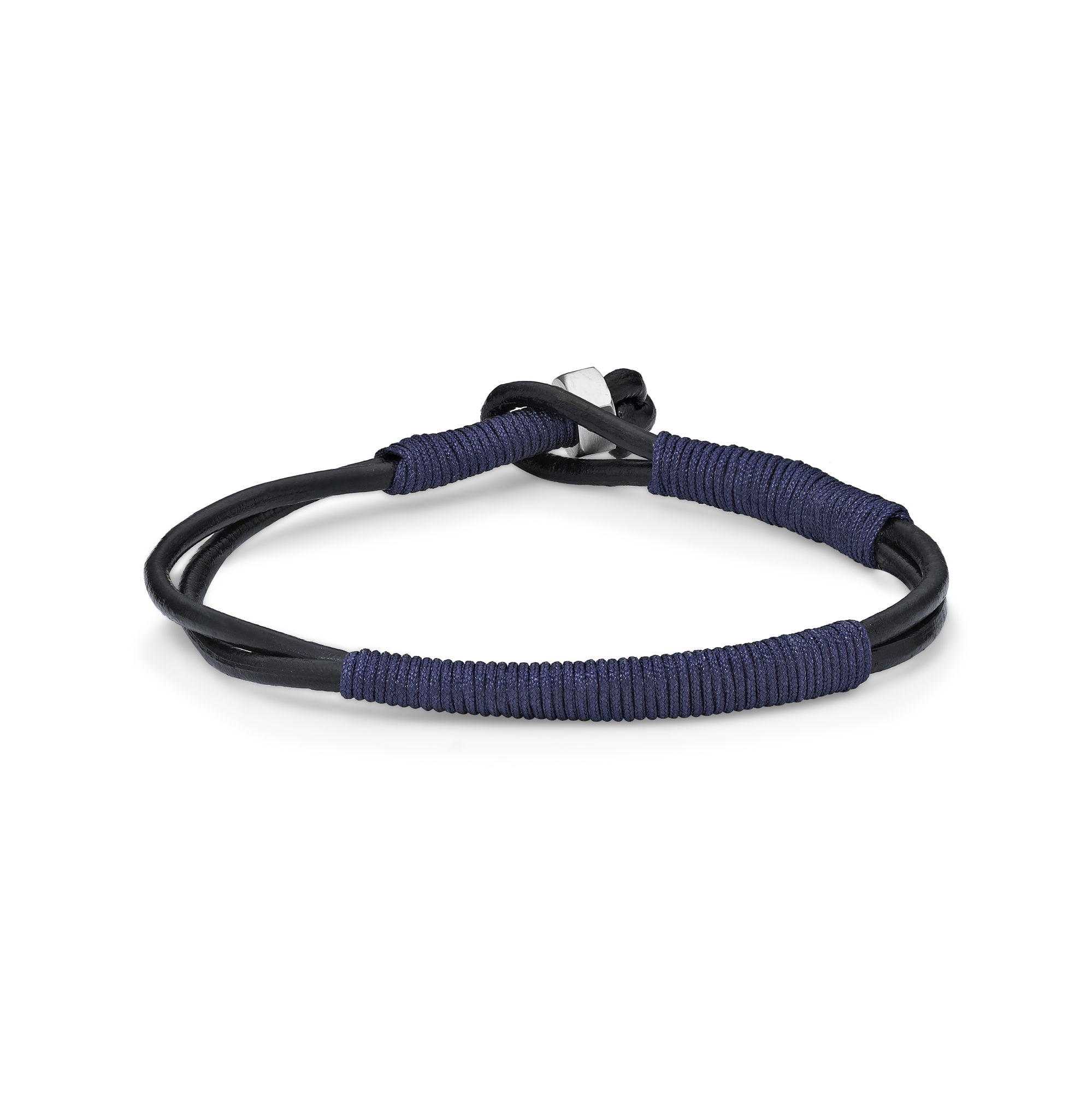 Metro Jewelry 8.5 Inches Long Blue Cord Wrapped Bracelet for Men with Thin Smooth Dual Band Genuine Leather 6 mm Wide Specialty Lock
