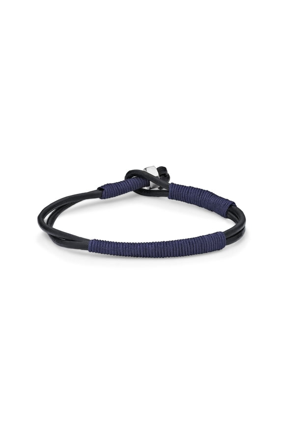 8.5 Inches Long Blue Cord Wrapped Bracelet for Men with Thin Smooth Dual Band Genuine Leather 6 mm Wide Specialty Lock