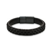 Metro Jewelry Mens Stainless Steel Black Genuine Leather Bracelet with Black Ion Plating and Magnetic Clasp - 8.5 Inches Long