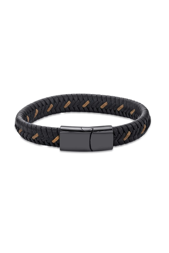 Braided Genuine Brown Leather Bracelet with Magnetic Stainless Steel Closure