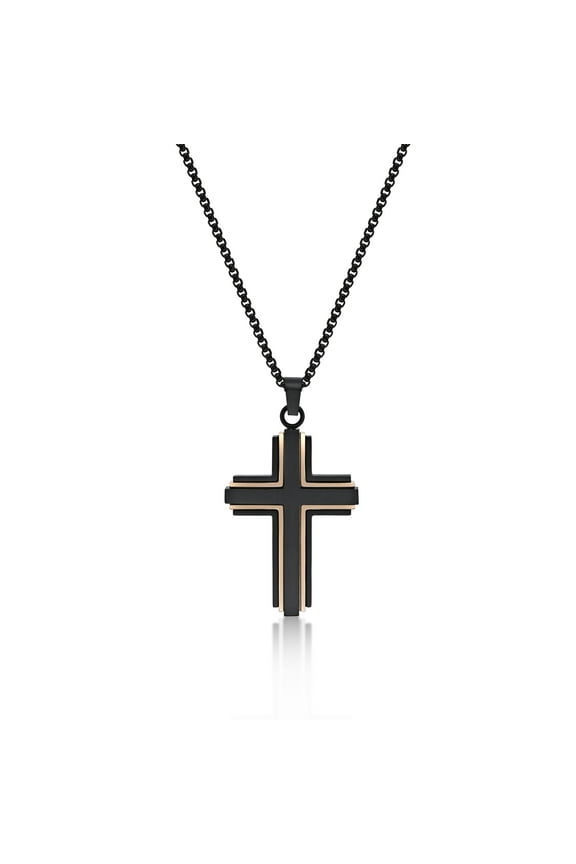 Cross Pendant Necklace for Men in Stainless Steel with Black and Rose Ion Plating 24 Inches Long Lobster Claw