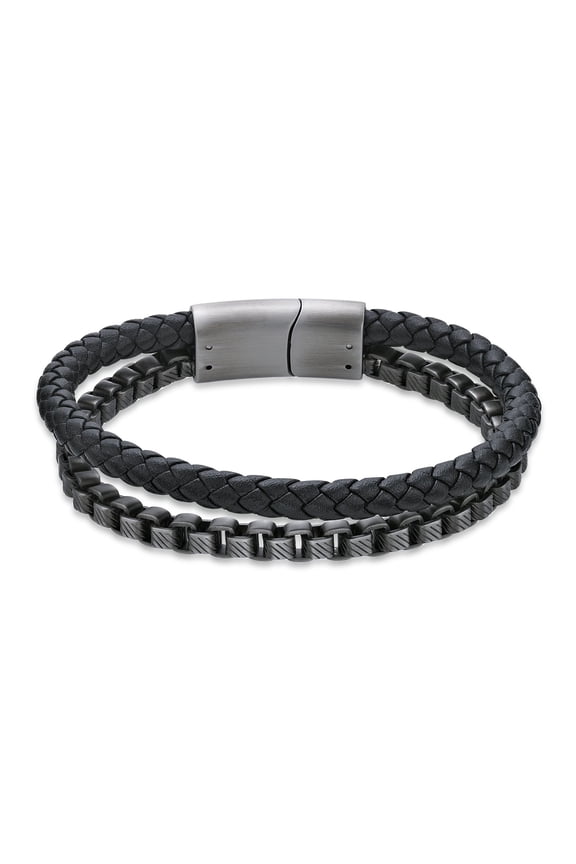 Genuine Black Leather and Stainless Steel Bracelet