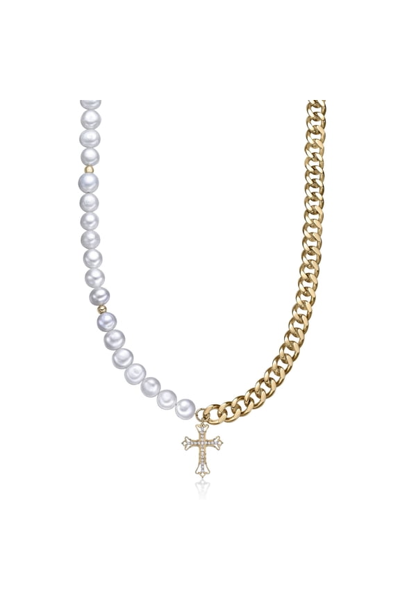 Gold Ion Plated Stainless Steel Bisect Curb and Freshwater Pearl Chain Neckalace with Cross Pendant - 24 Inch