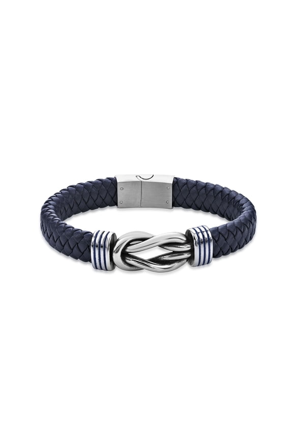 Metro Jewelry Men's Stainless Steel Navy Blue Braided Leather Bracelet with Blue Ion Plating and Magnetic Clasp - 8.5 Inches Long