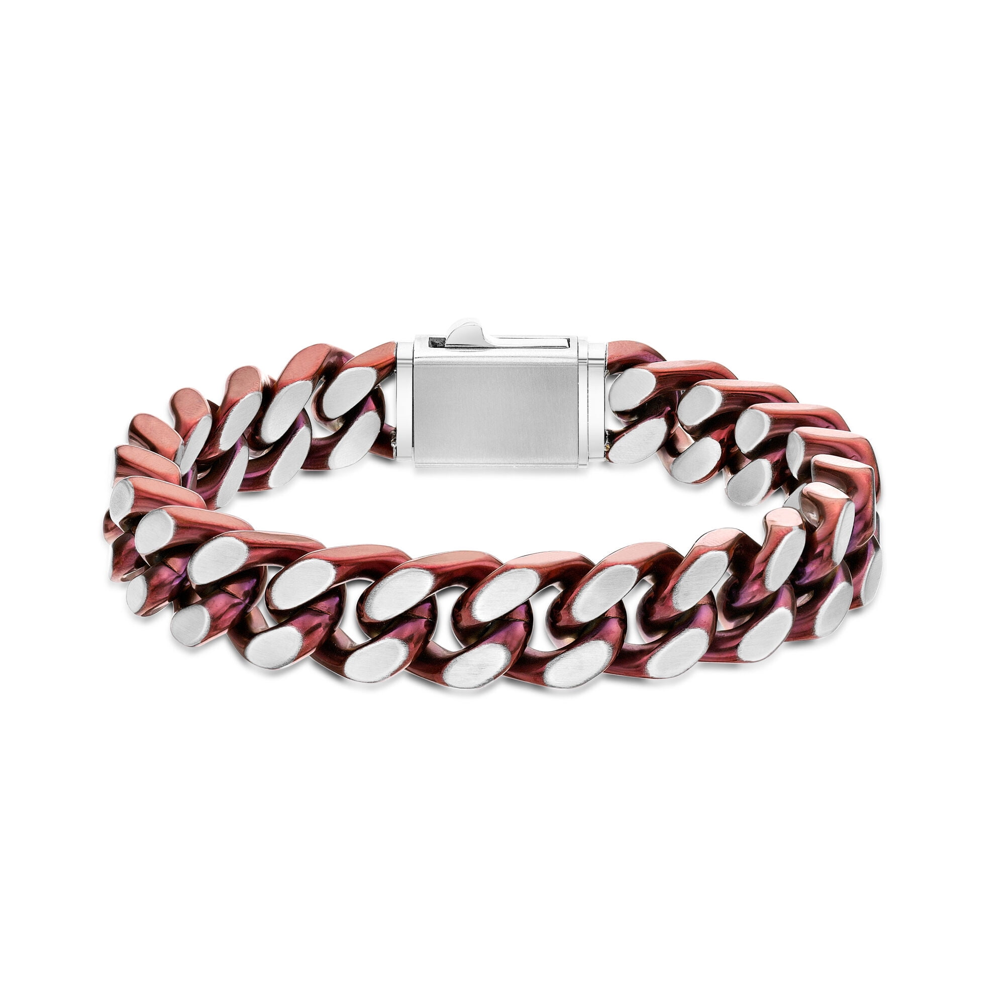 Curb Chain Bracelet for Men in Stainless Steel with Red Ion Plating - 9 Inches Long 12 MM Wide with Push Lock