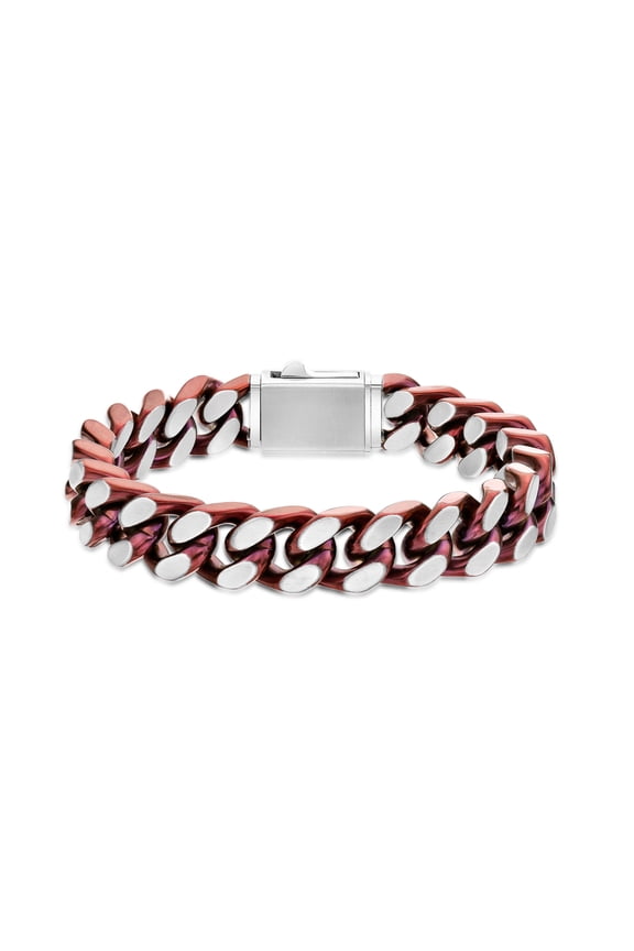 Curb Chain Bracelet for Men in Stainless Steel with Red Ion Plating - 9 Inches Long 12 MM Wide with Push Lock