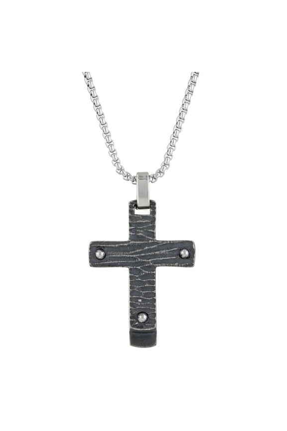 Metro Jewelry Black Ion Plated Stainless Steel Rustic Cross Pendant - 24 Inch Round Box Chain