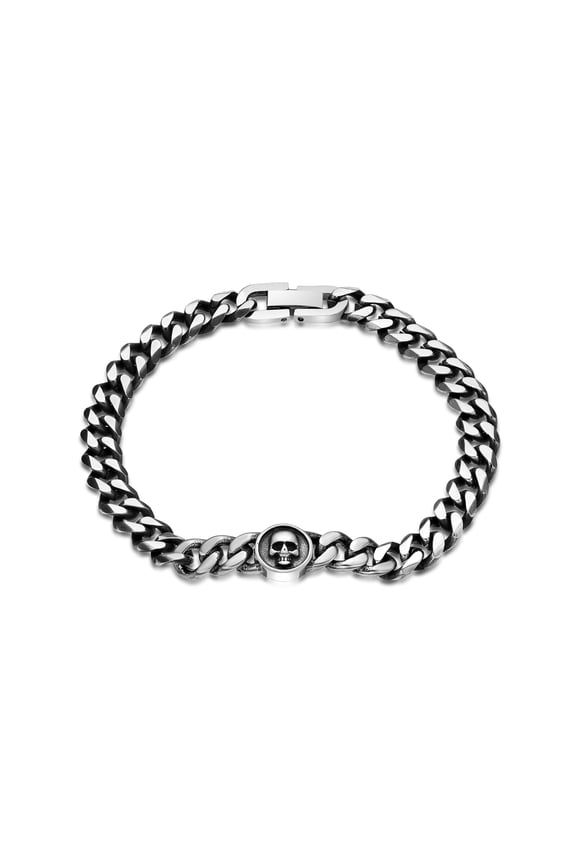 Metro Jewelry Stainless Steel Black Ion Plated Curb Chain Skull Medalion Bracelet