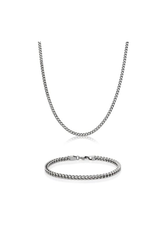 Stainless Steel Heavy Curb Chain Necklace and Bracelet Set for Men 20 and 9 Inches Long Fold Over Jewelry Set
