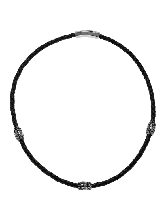 Metro Jewelry Genuine Braided Black Leather Necklace w/ Textured Stainless Steel Stations and Push Button Lock 22"