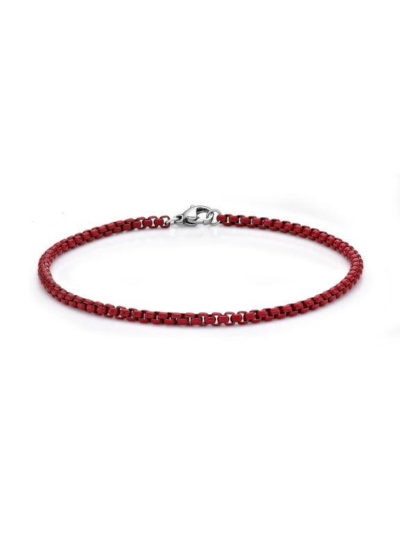 Stainless Steel Red Acrylic Bracelet for Men 9 Inches Box Chain 3 mm Wide Lobster Claw