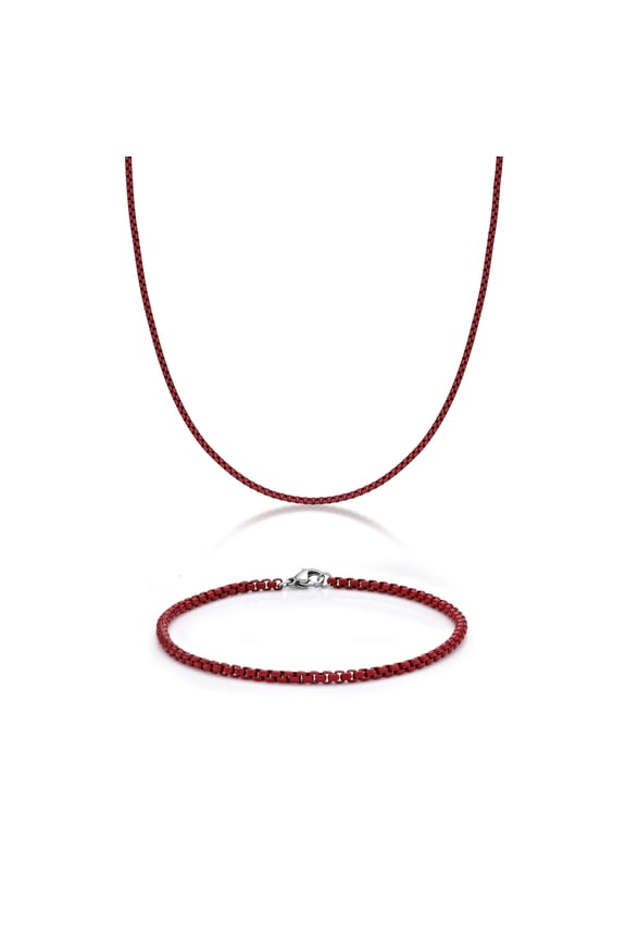 Stainless Steel Red Acrylic Necklace and Bracelet Set for Men 24 and 9 Inches Round Box Chain 3 mm Wide Jewelry Set