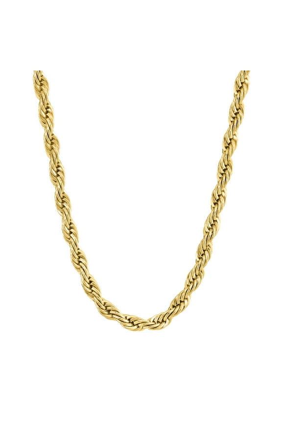 Stainless Steel Rope Chain Necklace for Men with Whole Yellow Gold Ion Plating 4 MM 30 Inch Long with Lobster Claw