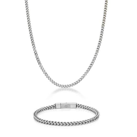 Metro Jewelry Stainless Steel Thick Foxtail Chain Necklace and Bracelet Set for Men in  22 Inches Long 4 mm Wide Jewelry Set