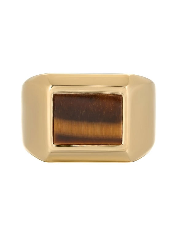 Tiger Eye Rectangle Ring for Men in Stainless Steel with Yellow Gold Ion Plating - 9 MM Wide - Size 10