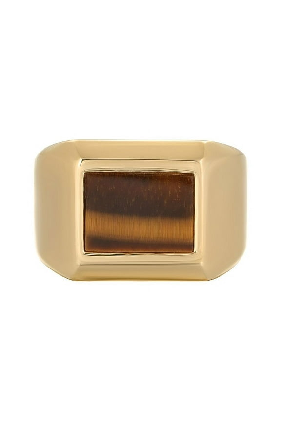 Tiger Eye Rectangle Ring for Men in Stainless Steel with Yellow Gold Ion Plating - 9 MM Wide - Size 10