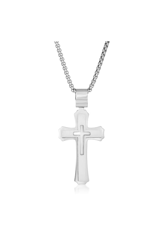 Metro Jewelry Stainless Steel Large Three Layer Cross Pendant - 24 Inch Ball Chain