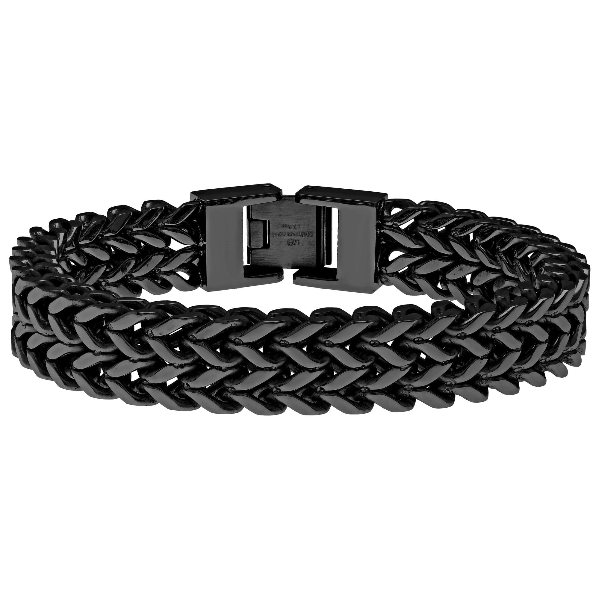 Two Strand Foxtail Bracelet for Men in Stainless Steel with Black Ion Plating - 8.25 Inches Long 12 MM Wide with Fold Over Clasp