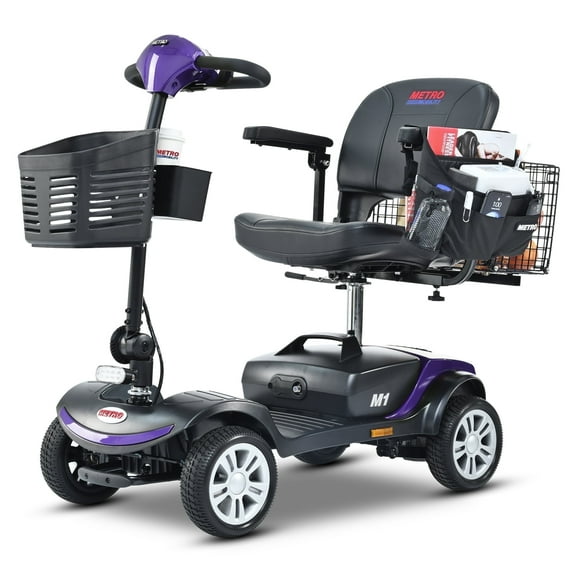 Metro M1 4-Wheel Electric Scooter with Shock Absorber, 300W Motor, Storage Box, Rear Basket and Multi-layered Pockets, LED Lights, Dark Purple